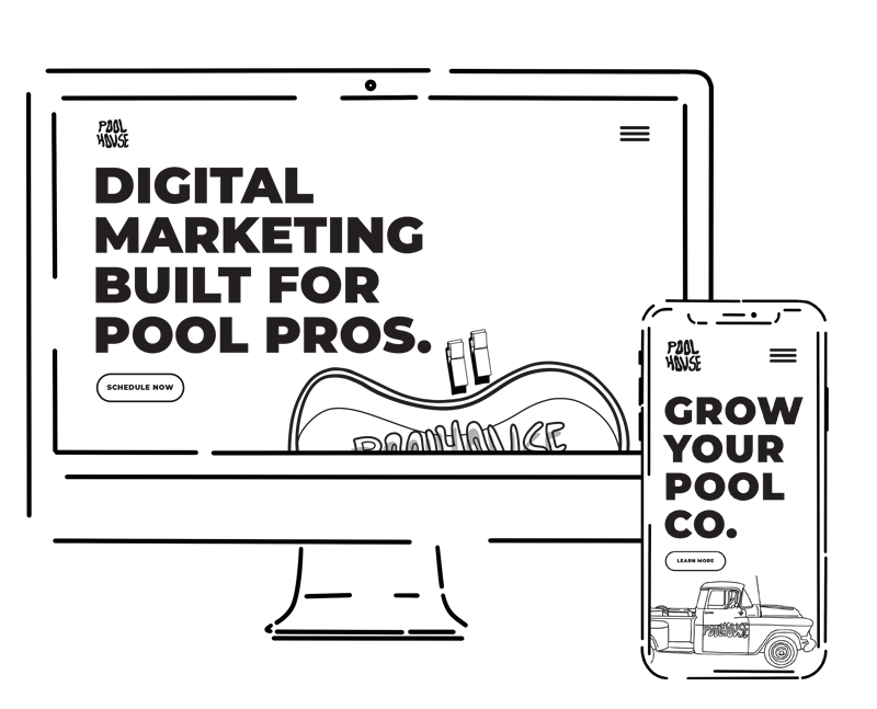 Illustrated desktop monitor and mobile phone showing a Poolhouse website